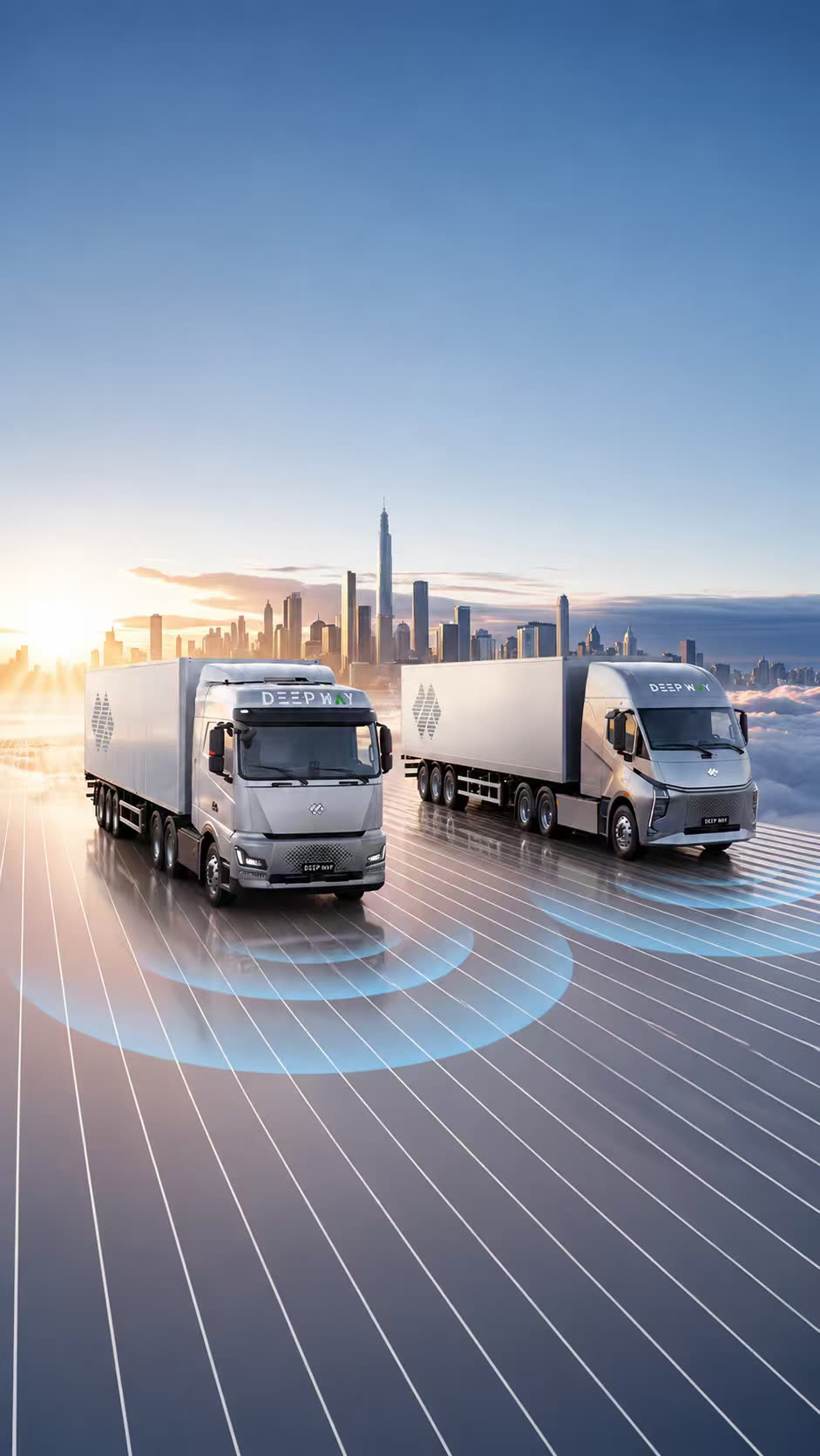 Two Deepway Star prime movers side by side in front of a city skyline